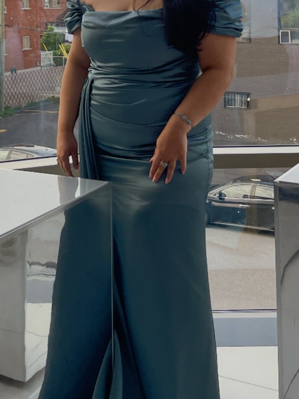 Teal Blue Satin Off the Shoulder Ruched Gown